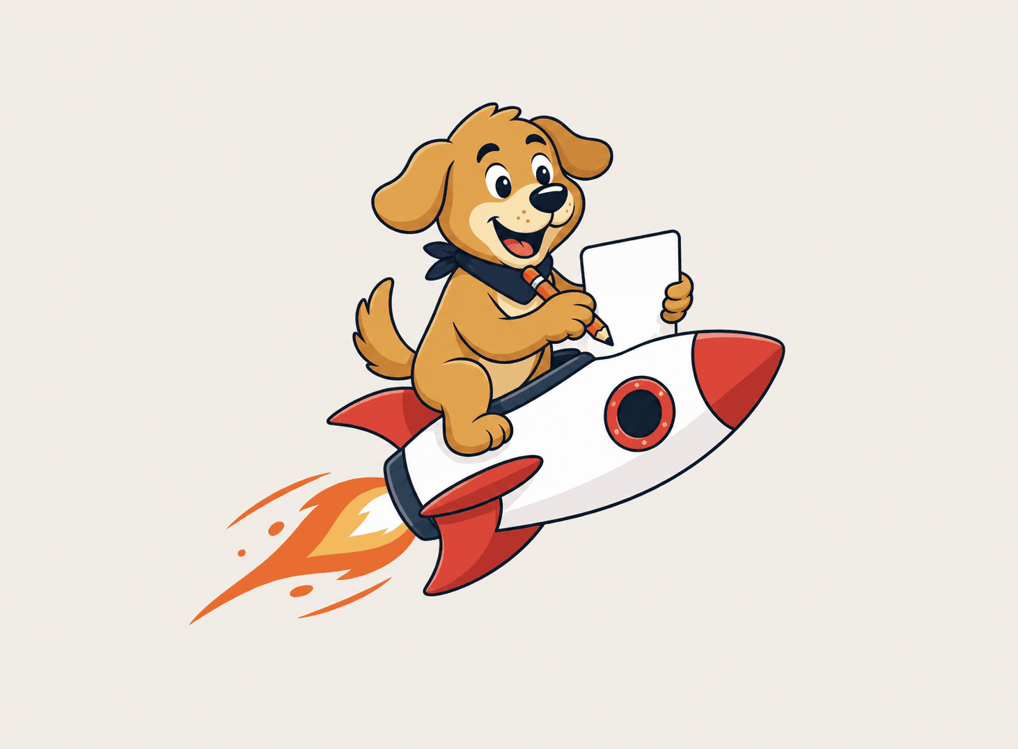 Scout, LaunchPost's dog mascot, writing a post while riding a rocket
